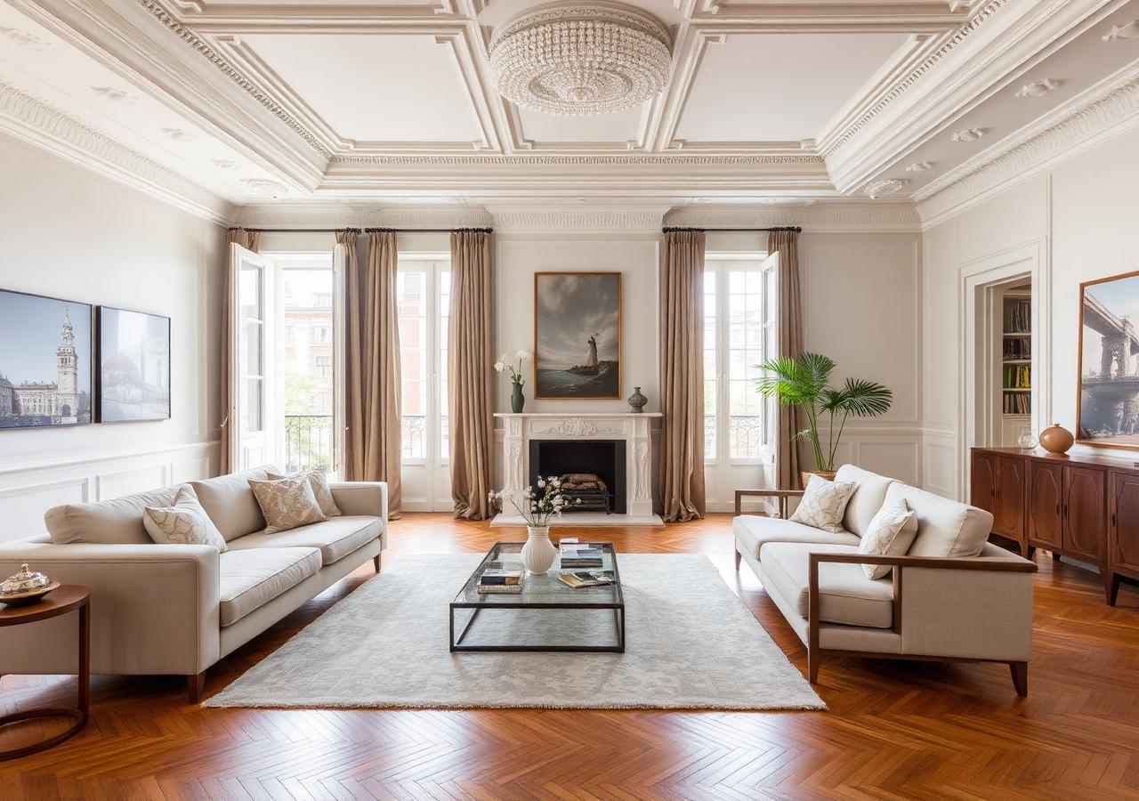Living room with mouldings and balcony doors