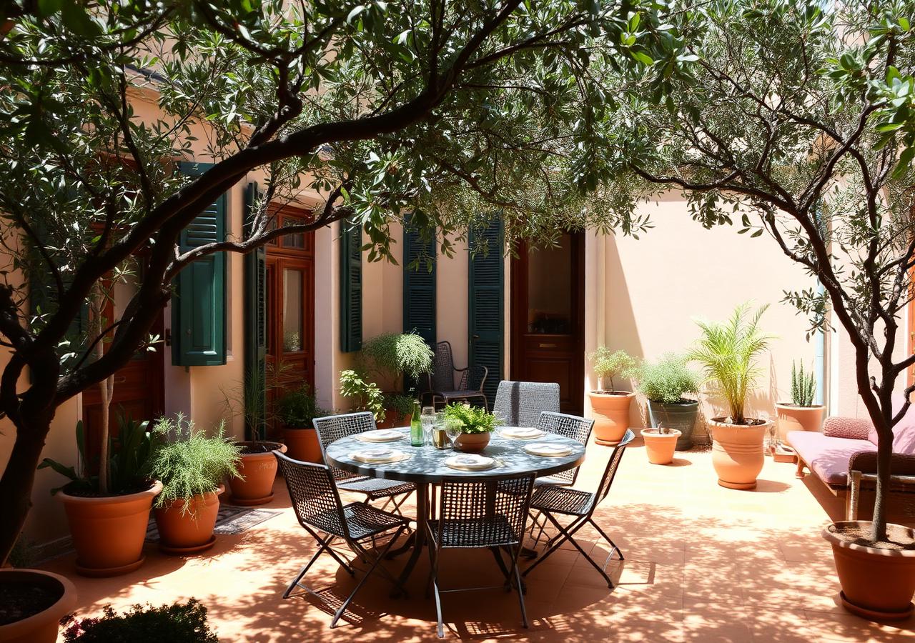 Ground floor patio with olive trees