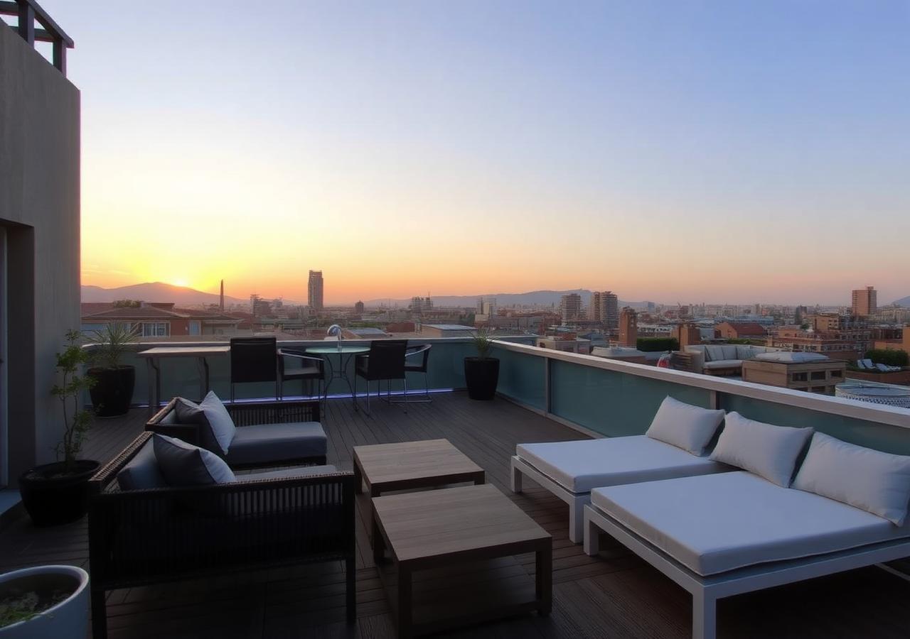 Rooftop terrace at sunset with skyline views