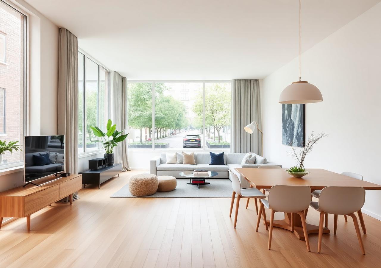 Living and dining room with large windows